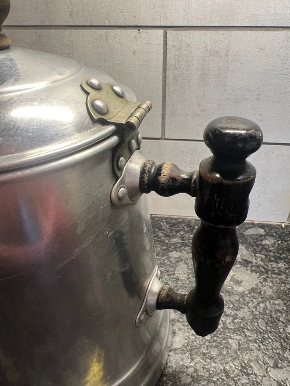 Vintage Wear Ever Aluminum Coffee Pot with Black Wooden Handle - Silver Finish.